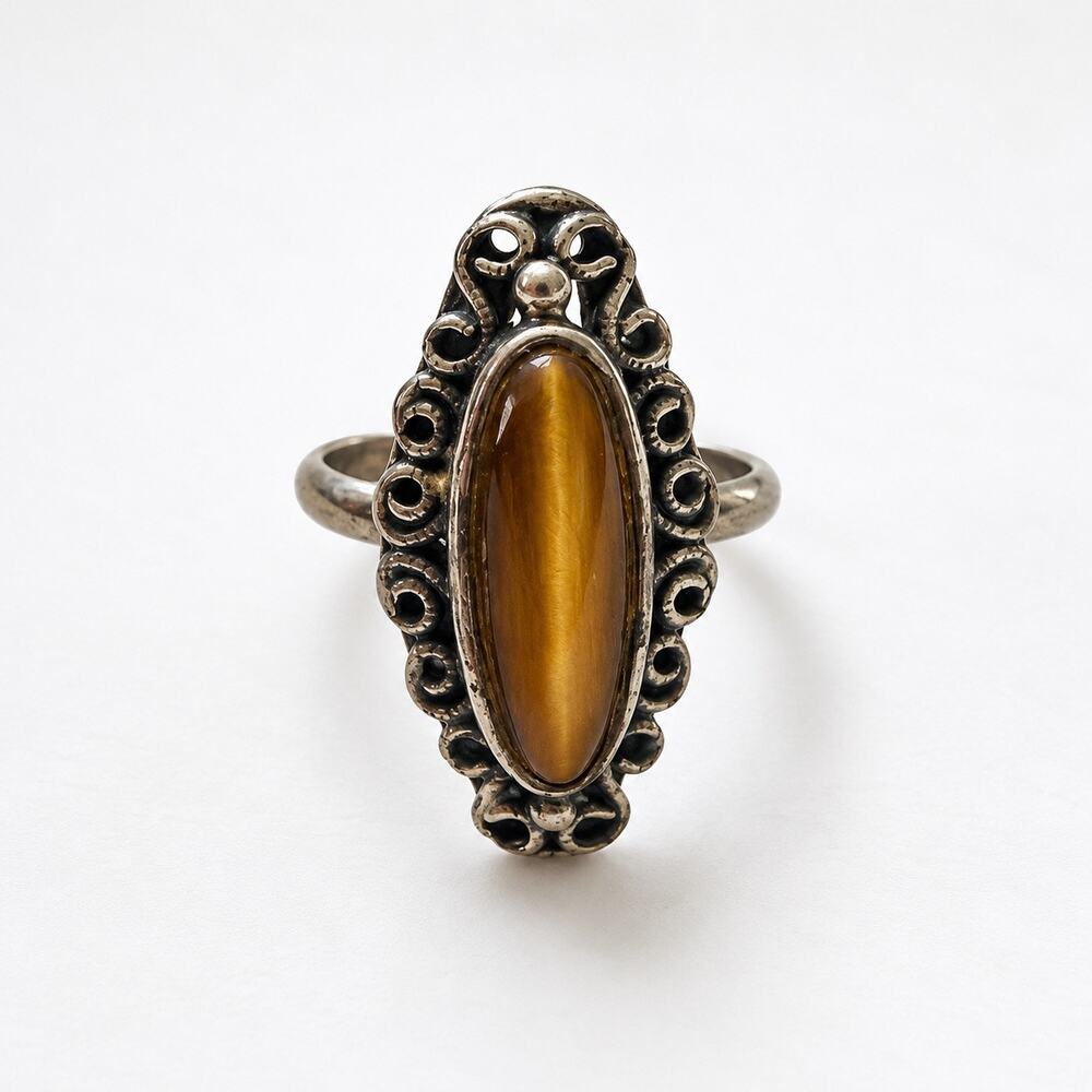 Vintage Vogue Tiger’s Eye Filigree Ring 1960s 70s Boho Statement Jewelry